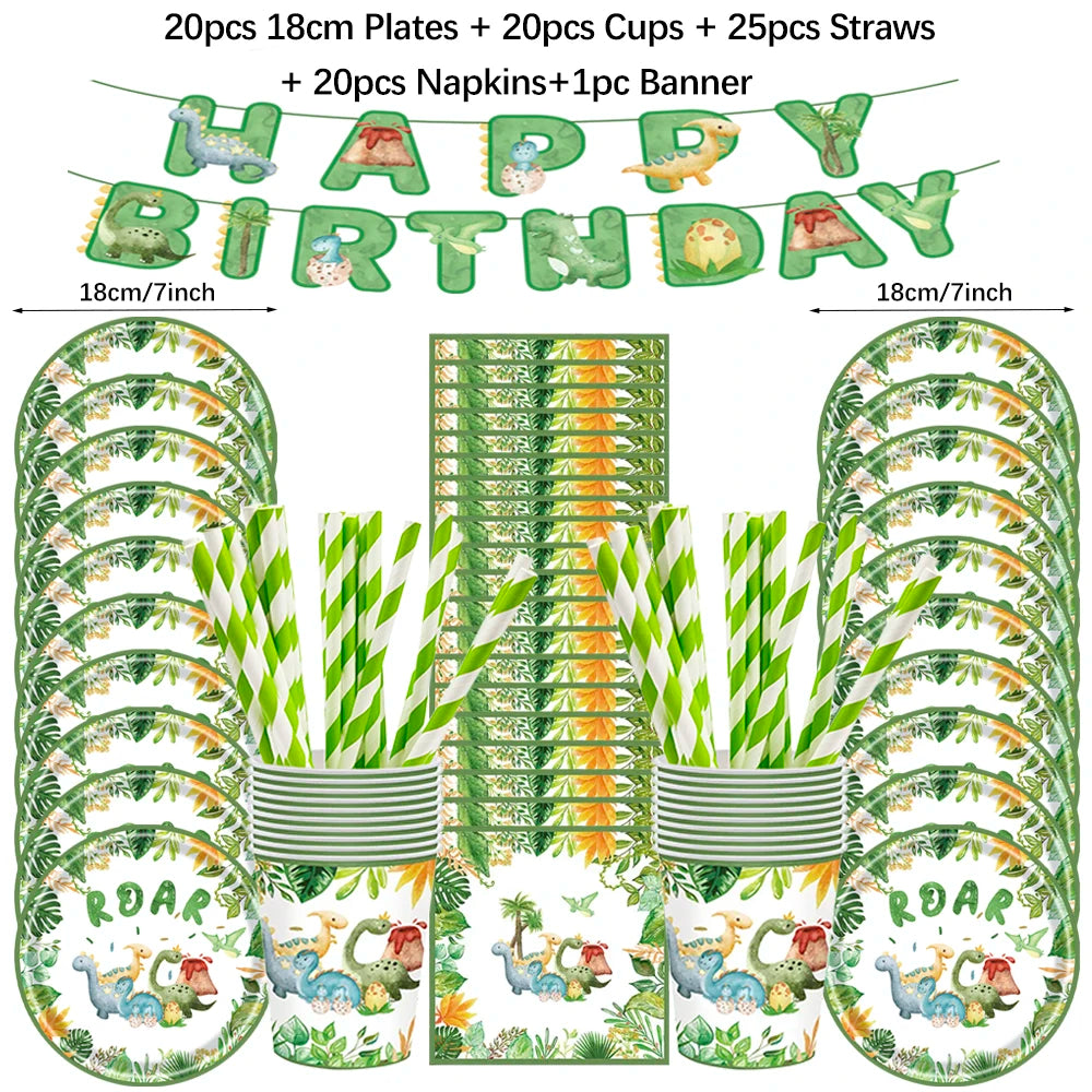 Cartoon Dinosaur Birthday Disposable Tableware Paper Plates Cups Napkin Tablecloth Dinosaur Roar Theme Birthday Party Decoration