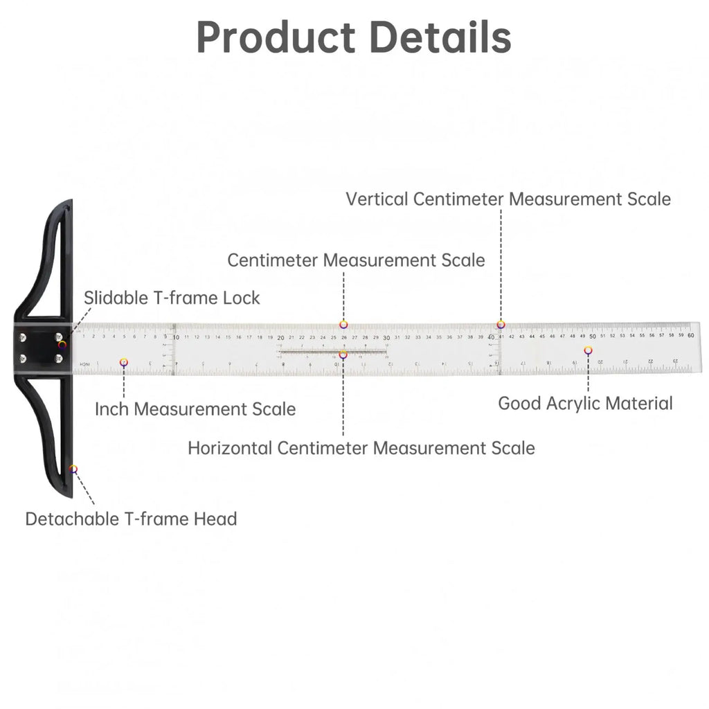 Metric & Imperial Scales Aluminum Alloy Angle Triangle Ruler 45cm T Square Acrylic Ruler Measuring Tool Set for Carpentry