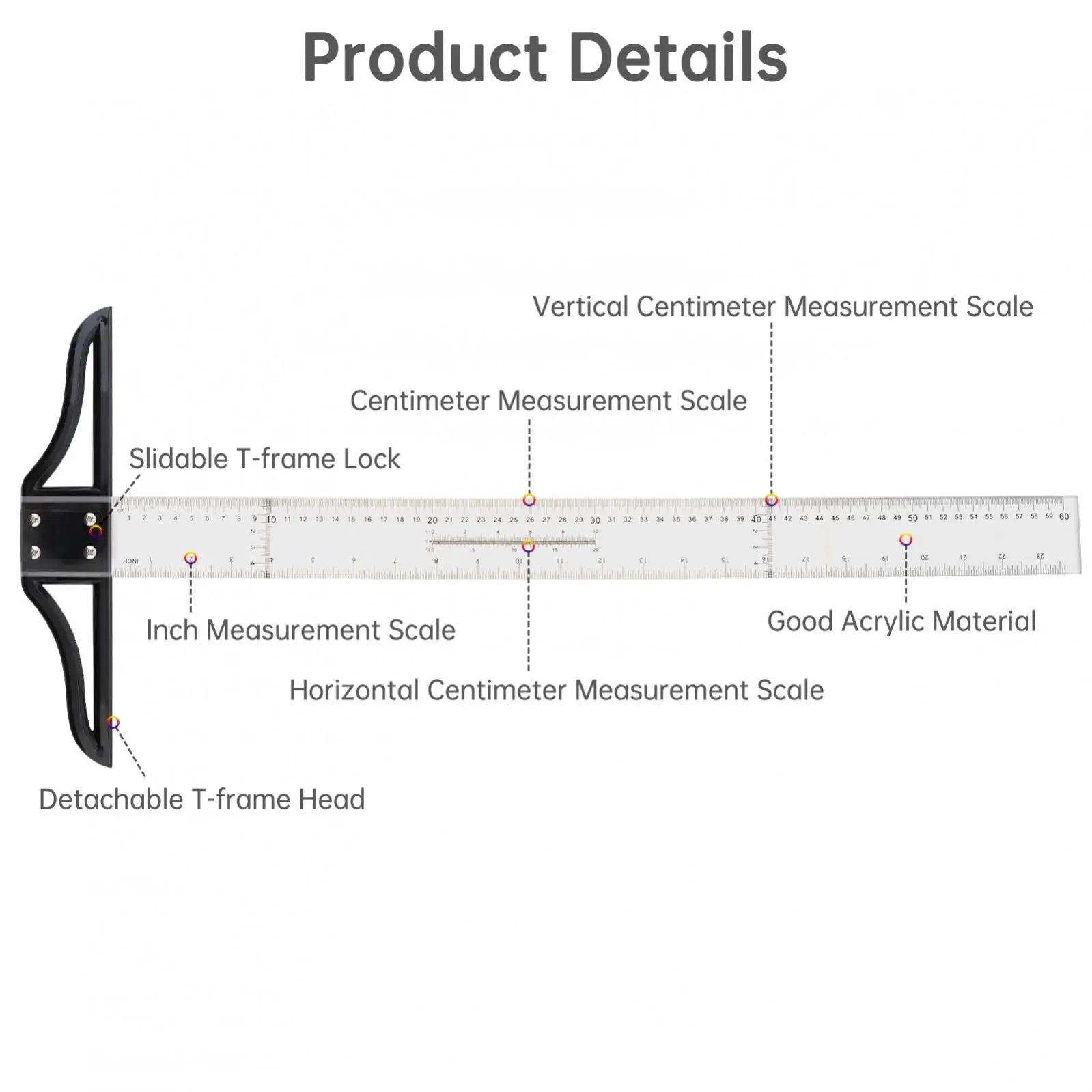 Metric & Imperial Scales Aluminum Alloy Angle Triangle Ruler 45cm T Square Acrylic Ruler Measuring Tool Set for Carpentry