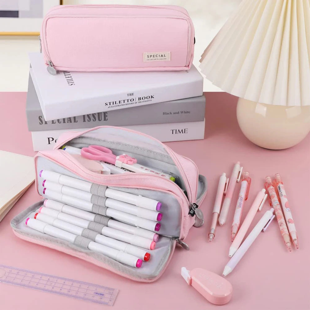 Large Capacity Pencil Case 3 Compartment Multifunctional Pen Bag for Girls Boy School Student Office Stationery Organizer