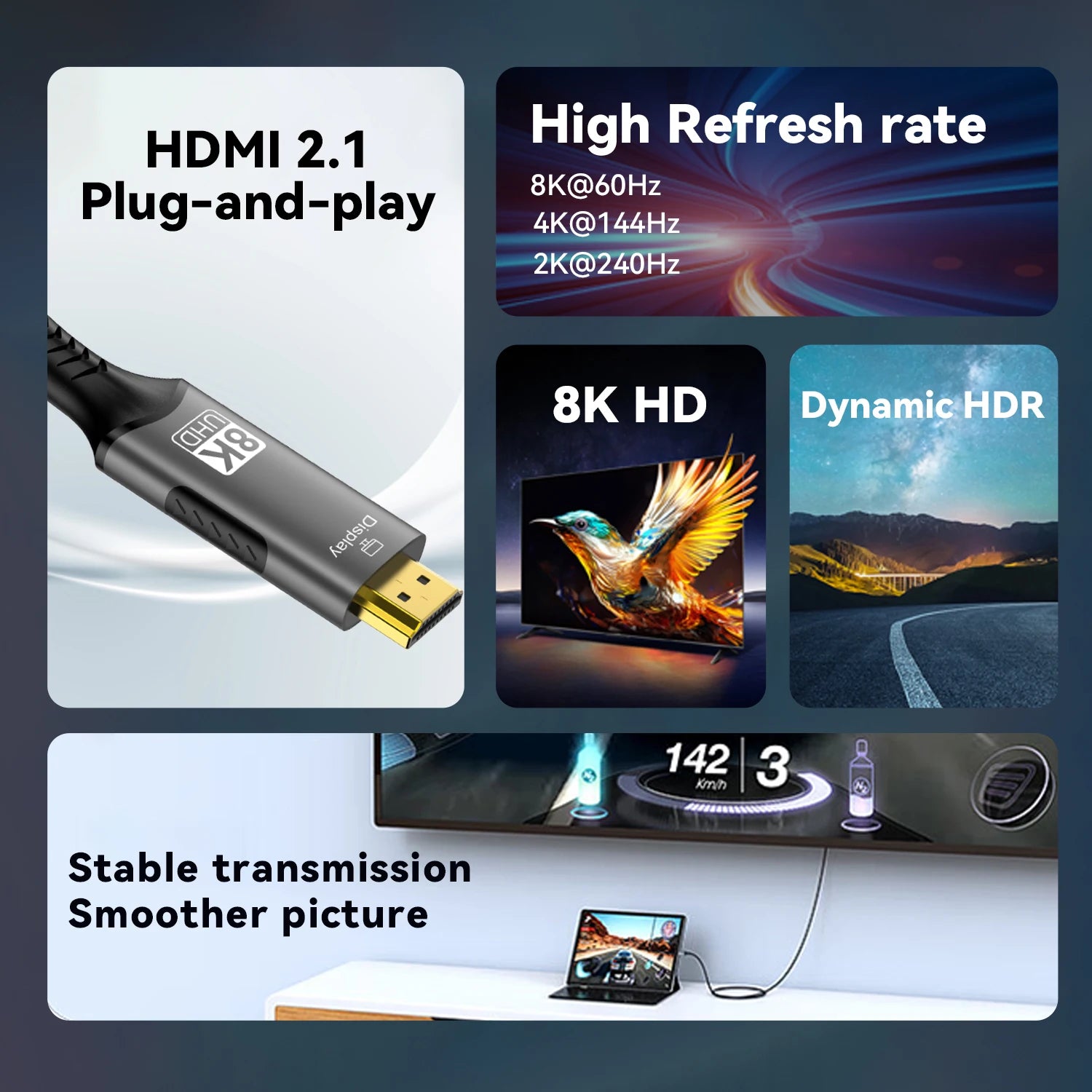 8K USB C to HDMI 2.1 Cable Adapter  8K60Hz Type C to HDMI Cable for Thunderbolt 3 Compatible with MacBook Pro  IPad pro  Laptop