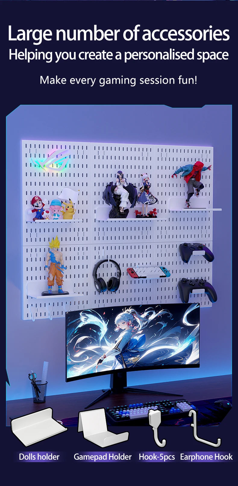Gaming Gear Pegboard: Wall-Mounted, No-Punch, Study/Gaming Room – Figure Storage & Decor. Abundant Parts, Free Mix