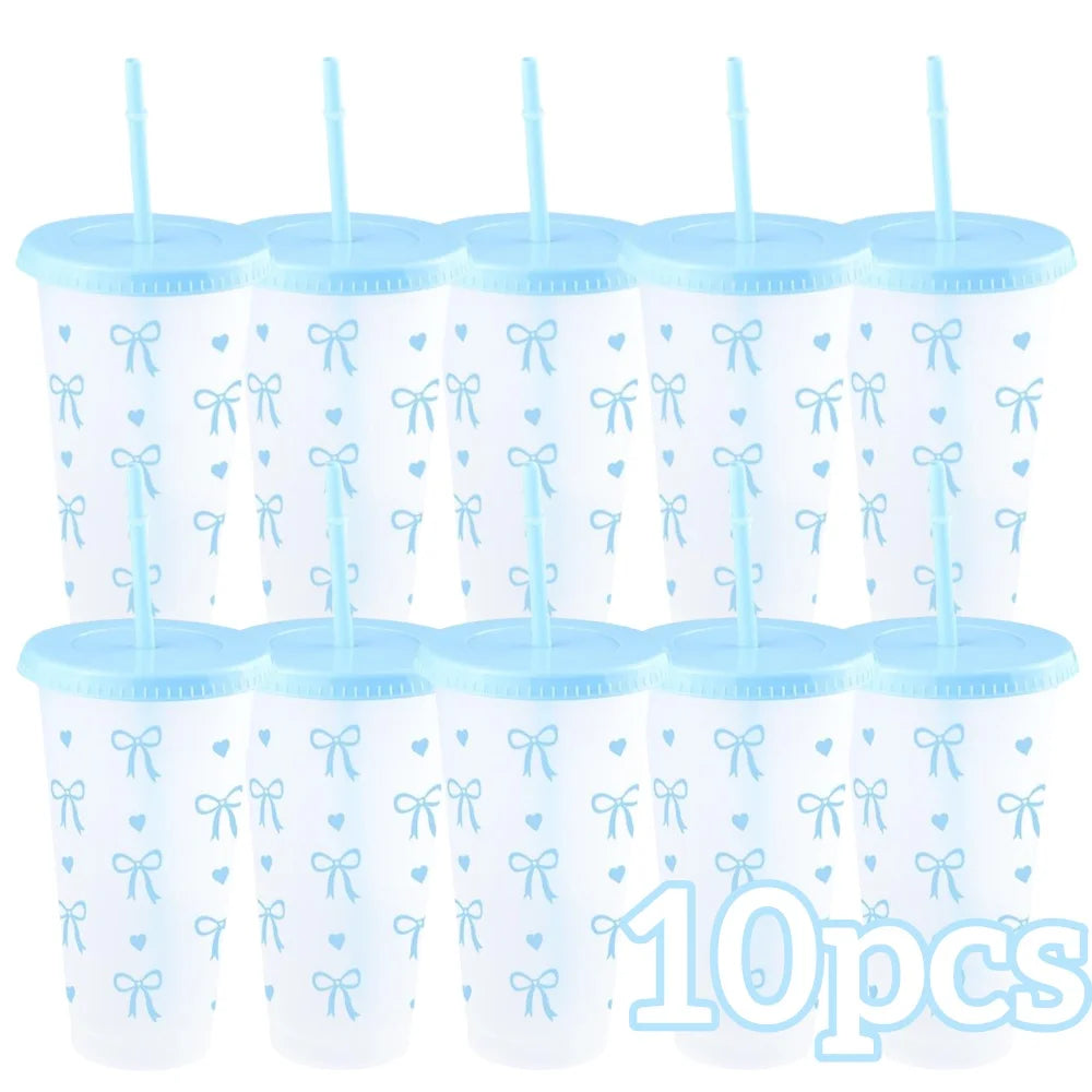 2/20pcs 24oz Reusable Party Cups with Straw & Lid Cute Bow Plastic Tumblers for Cold Drinks Home Office Outdoor Use Summer Gift