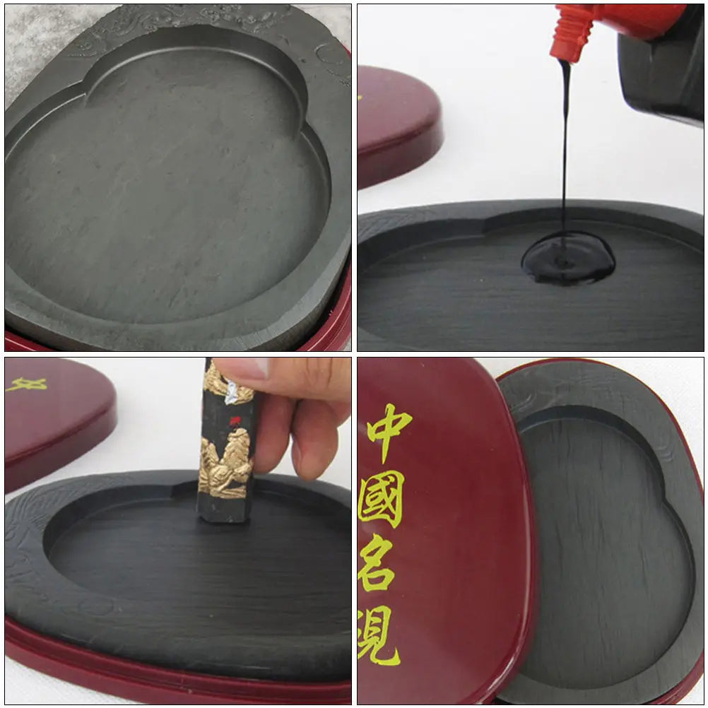 Chinese Calligraphy Inkstone with Cover Traditional Ink Grinding Stone Compact Exquisite Writing Tool for Students Artists