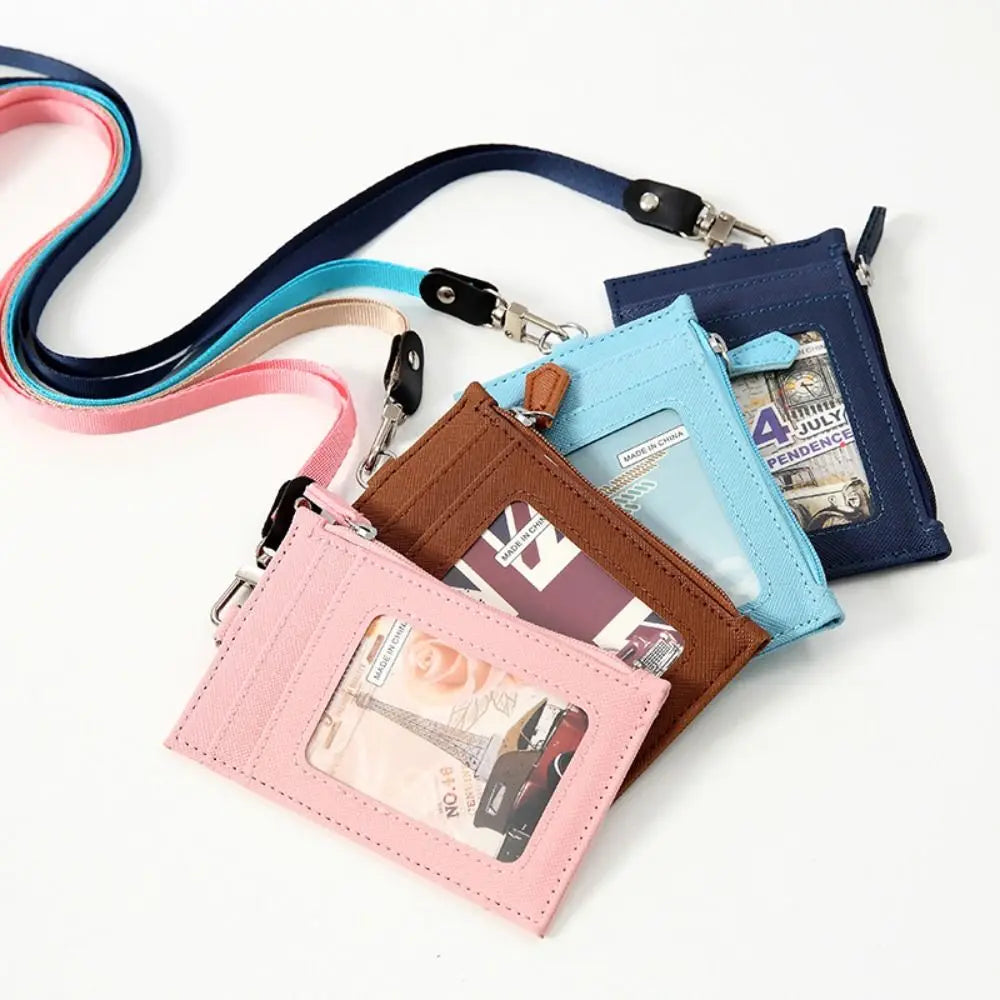 Portable PU Leather Card Bag Holder with Neck Lanyard Student Card Bag Coin Purse Card Case Zipper Bag Office Casual Supplies