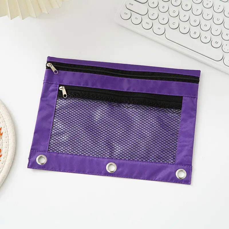 Double Zipper Pen Bag 3 Rings Binders Pencil Case File Bag Pencil Box For Erasers Rulers Markers Storage