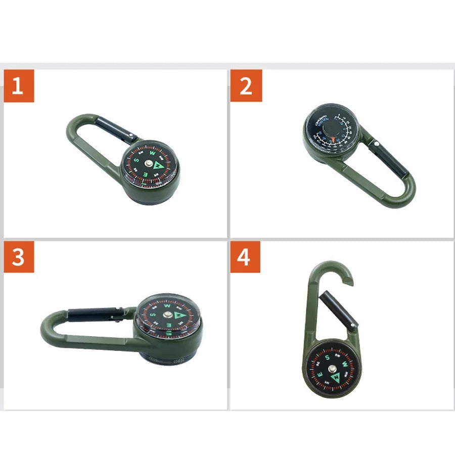 1 Pc Compass Thermometer Carabiner 3 in 1 Mini Compass Carabiner Clip Outdoor Hiking Survival Key Ring Double Sided Metal