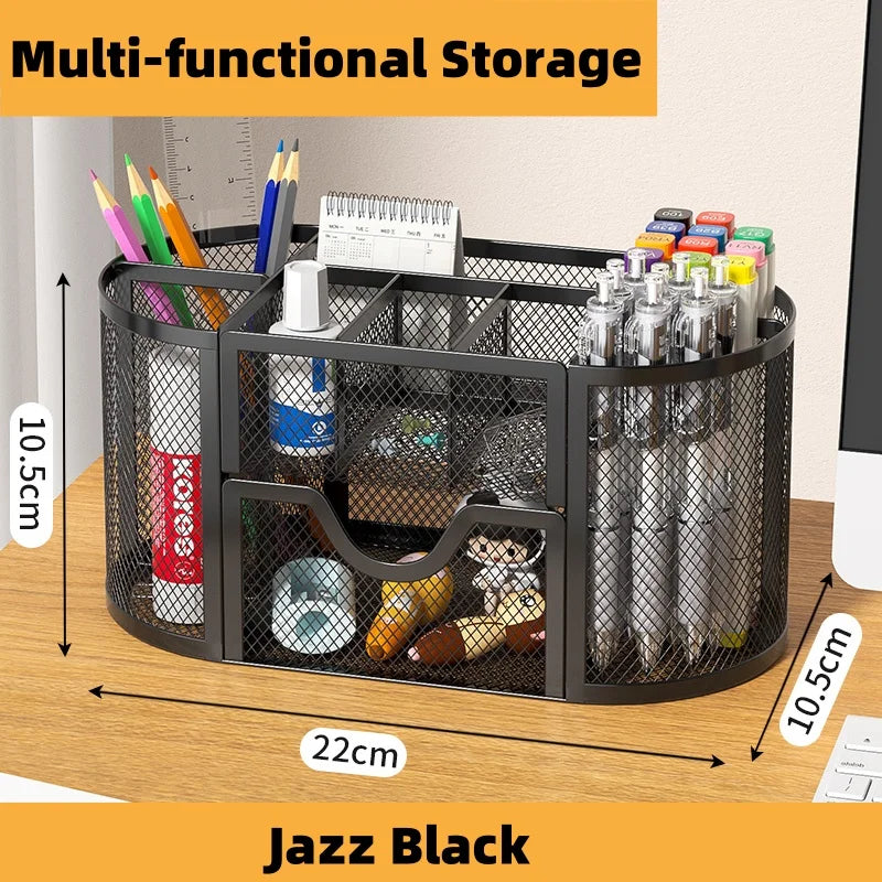 7 Compartment Metal Mesh Desktop Organizer with Drawer Pen Pencil Holder Stationery Storage for Home Office School Students Dorm