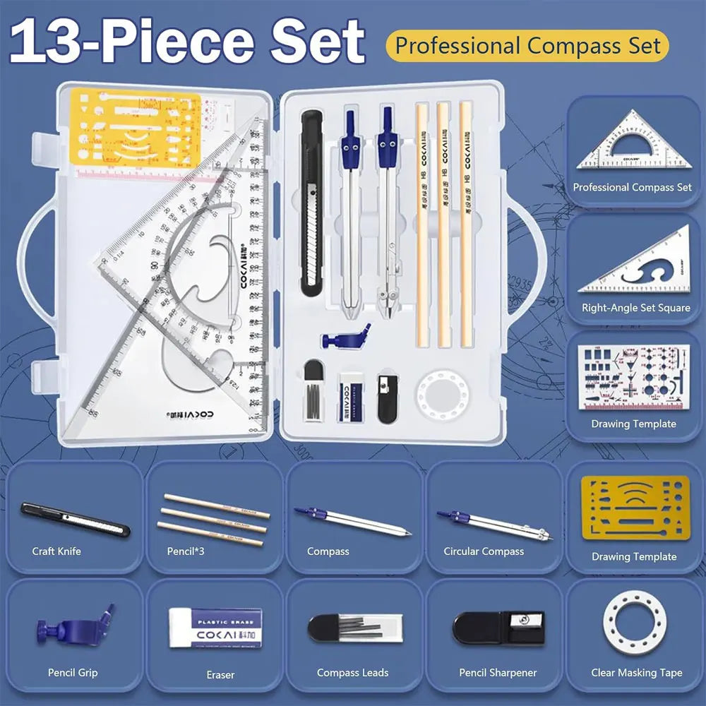 15-Piece Geometry Drawing Set with Portable Case, Dual Metal Compasses, Clear Rulers and Templates for School, Math and Drafting