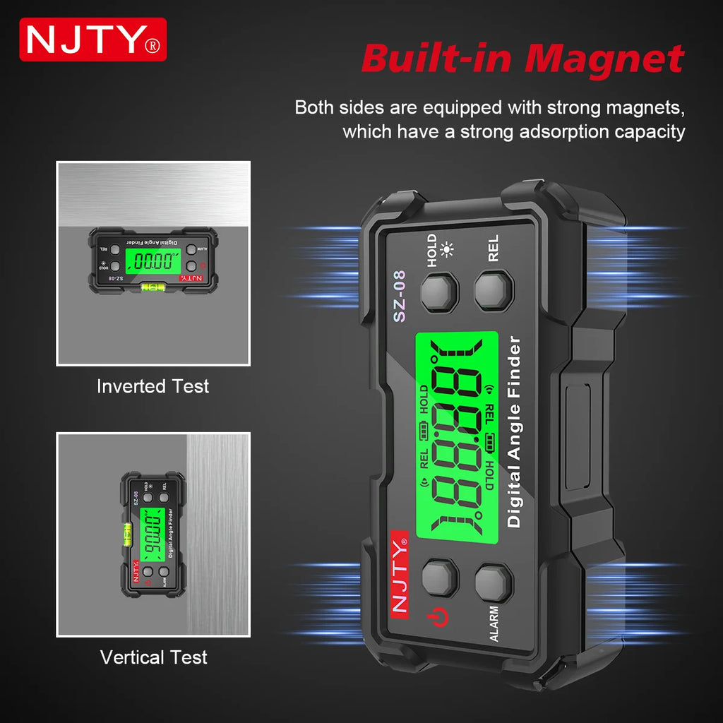NJTY Digital Protractor Angle Finder Gauge Backlit Flip Screen Magnetic Inclinometer with Absolute REL Mode Measuring Tool