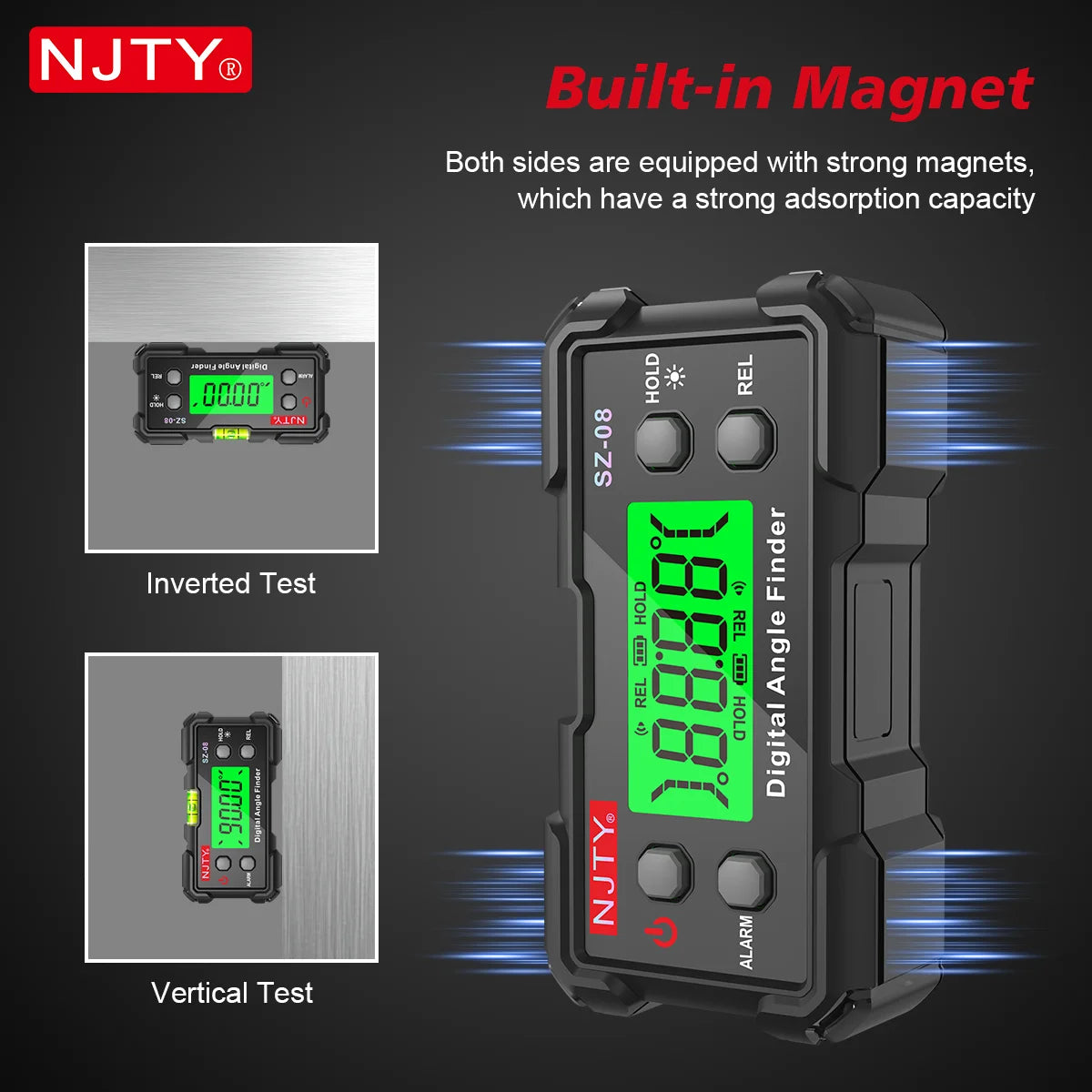 NJTY Digital Protractor Angle Finder Gauge Backlit Flip Screen Magnetic Inclinometer with Absolute REL Mode Measuring Tool