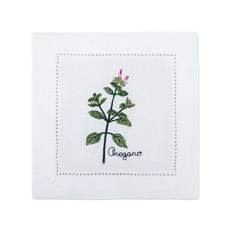 New Embroidered Herb Cocktail Napkin, Pure Linen, Lavender, Rosemary, Mint，Sage，Natural, Elegant, Tea Napkin, 15x15cm,
