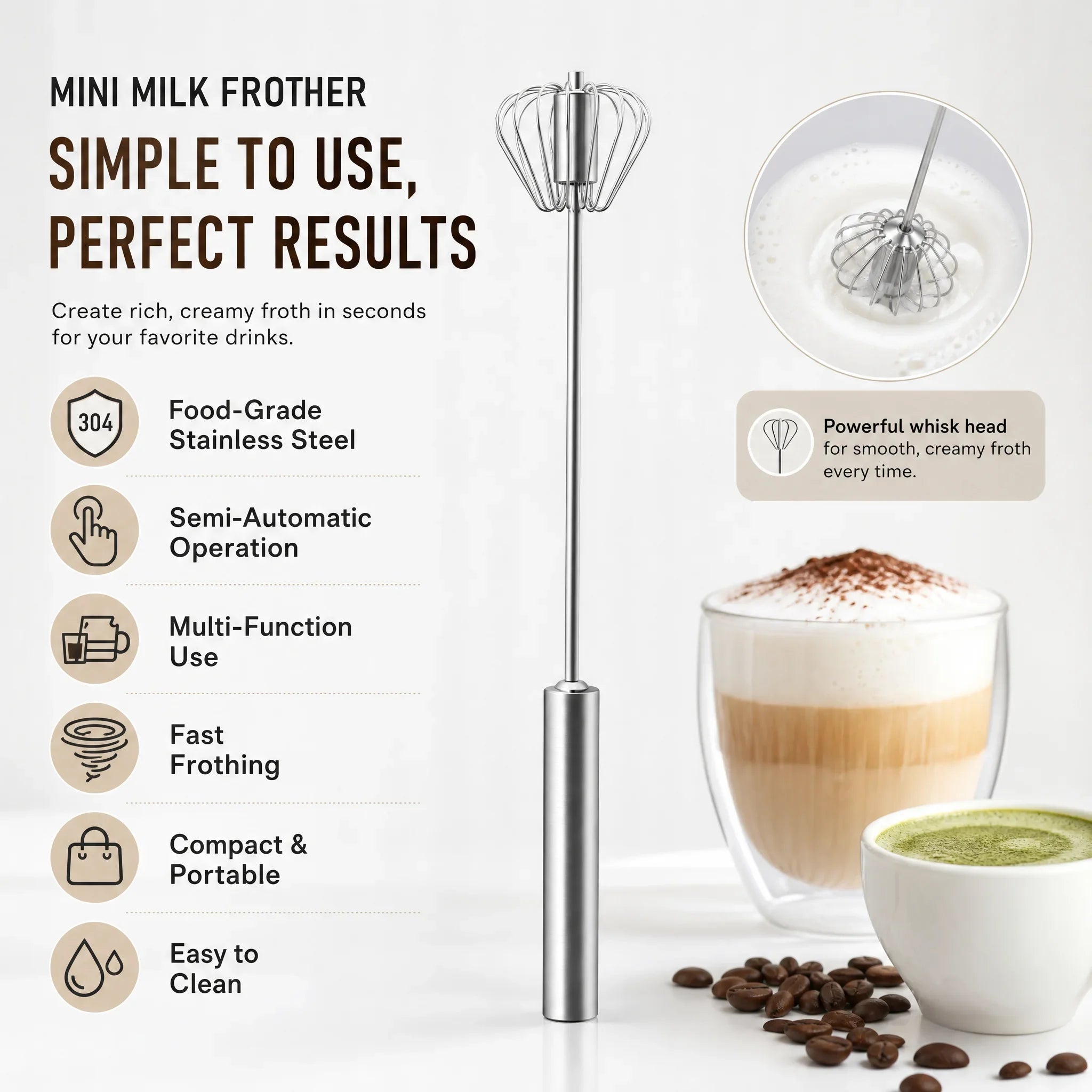 Handheld Milk Frother Stainless Steel Mini Whisk Semi-Automatic Coffee Frother for Cappuccino Latte Hot Chocolate Egg Beater Kitchen Tool
