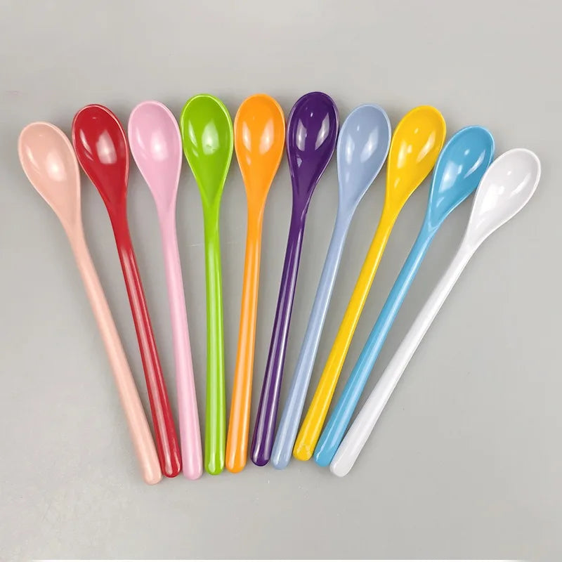 7pcs Candy Color Plastic Long Handle Dessert Spoons Dinner Tea Spoon Tableware Flatware Stirring Coffee Kitchen Scoops Soup