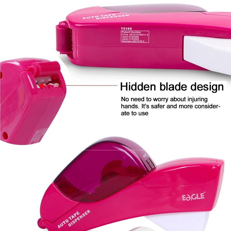 Handheld Tape Dispenser, Pink Auto Tape Cutter with 1 Roll Tape, Fits 12mm/19mm Tape, Portable Tape Holder for Office, School, D