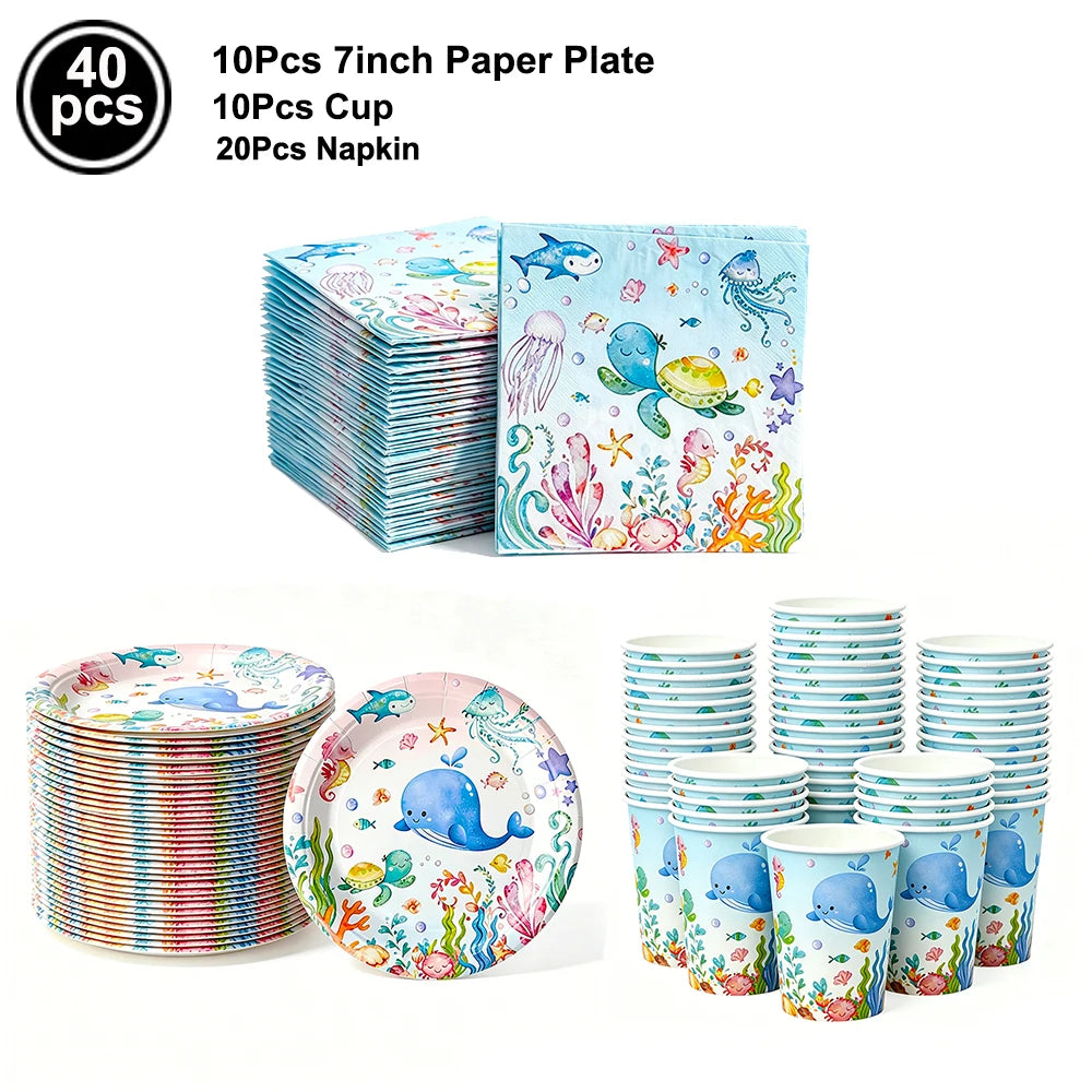 Ocean Sea Birthday Party Tableware Turtle Whale Print Plates Napkins Cups for Baby Shower Ocean Party Birthday Decorations
