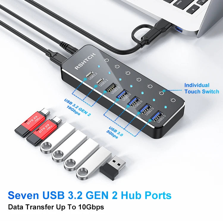 RSHTECH 7-Port Powered USB C Hub with 10Gbps USB-C 3.2 Ports Individual Touch Switches 5V/3A Power Adapter Laptop USB Splitter