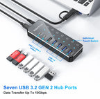 RSHTECH 7-Port Powered USB C Hub with 10Gbps USB-C 3.2 Ports Individual Touch Switches 5V/3A Power Adapter Laptop USB Splitter
