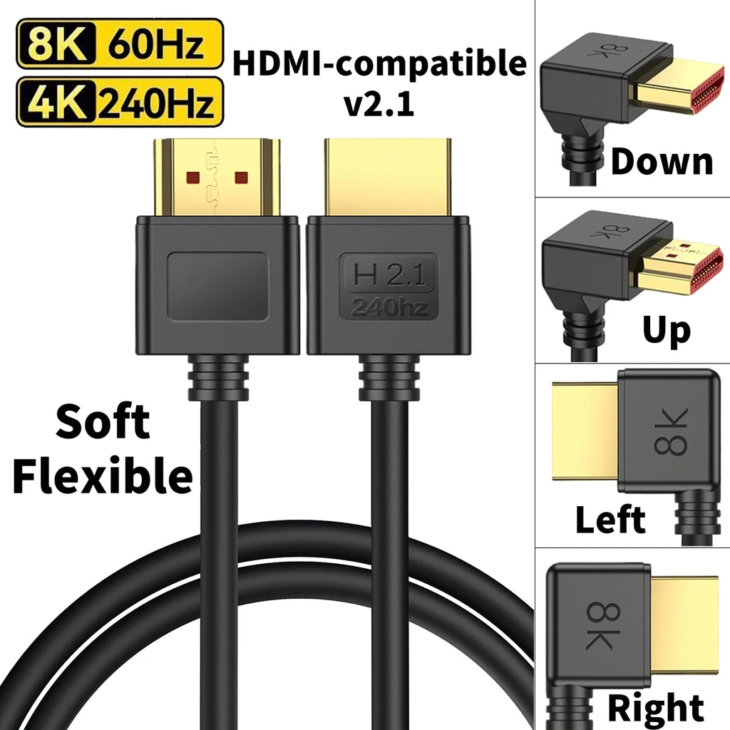 8K HDMI-compatible Cable 2.1 High Speed 48Gbps 8K@60Hz 4K@240Hz HDCP HDR 90 Degree Bend HD Cord  for PS5 PC Gaming Monitor HDTV