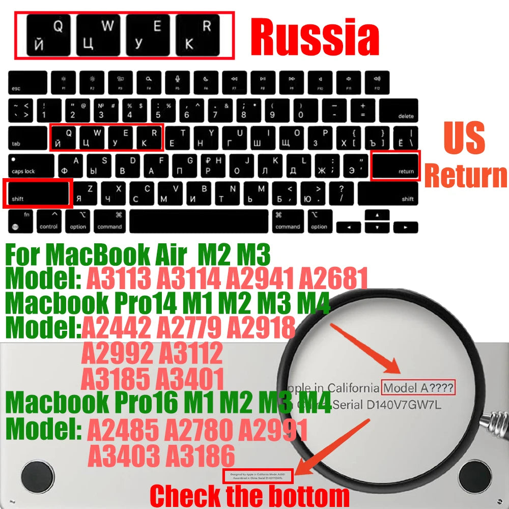 Russian Layout MacBook Pro Keyboard Cover 14" 16" M4 M3 M2 M1 Pro, MacBook Air 15" 13.6" M3 M2 Silicone Skin, US/EU Version