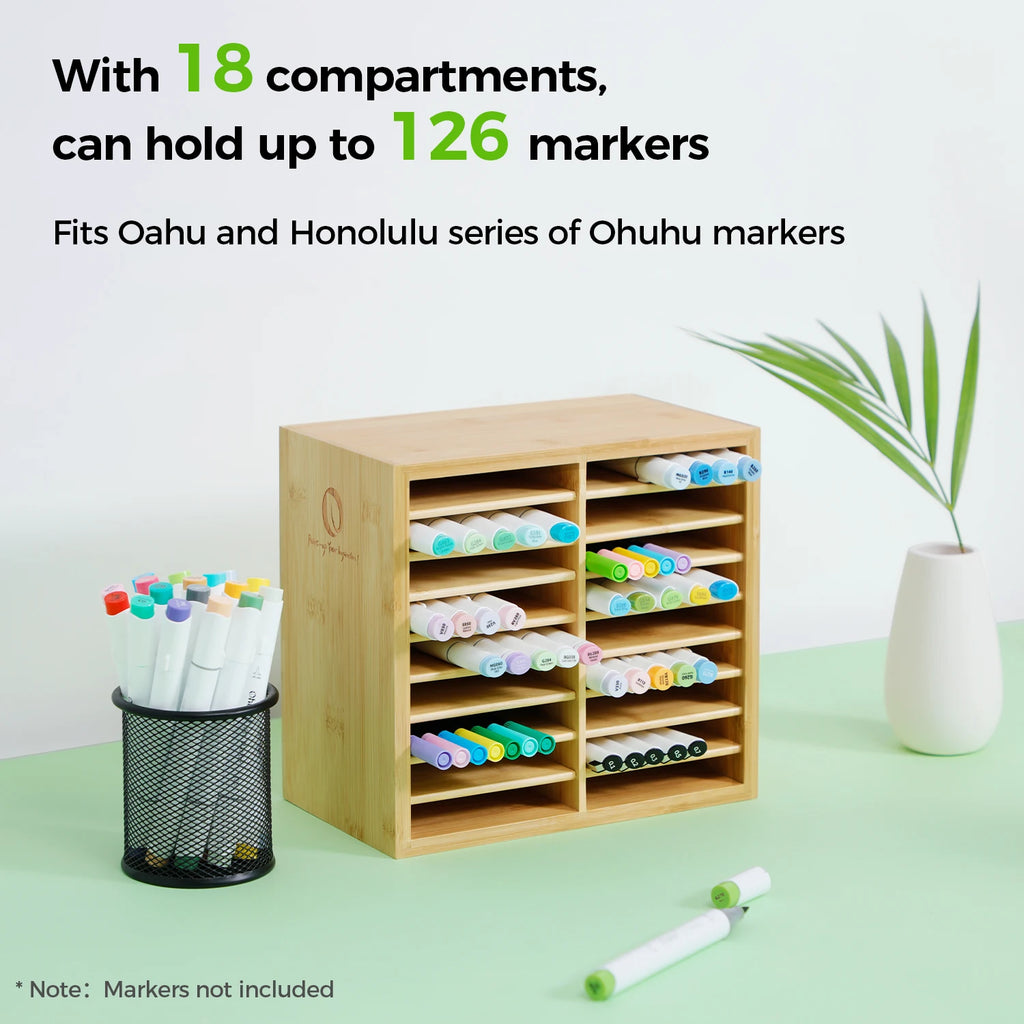 Ohuhu Bamboo Marker Organizer Wooden Desktop Storage Hold 126 Markers Pens Pencils Art Brushes Stationary Organizer Pen Holder