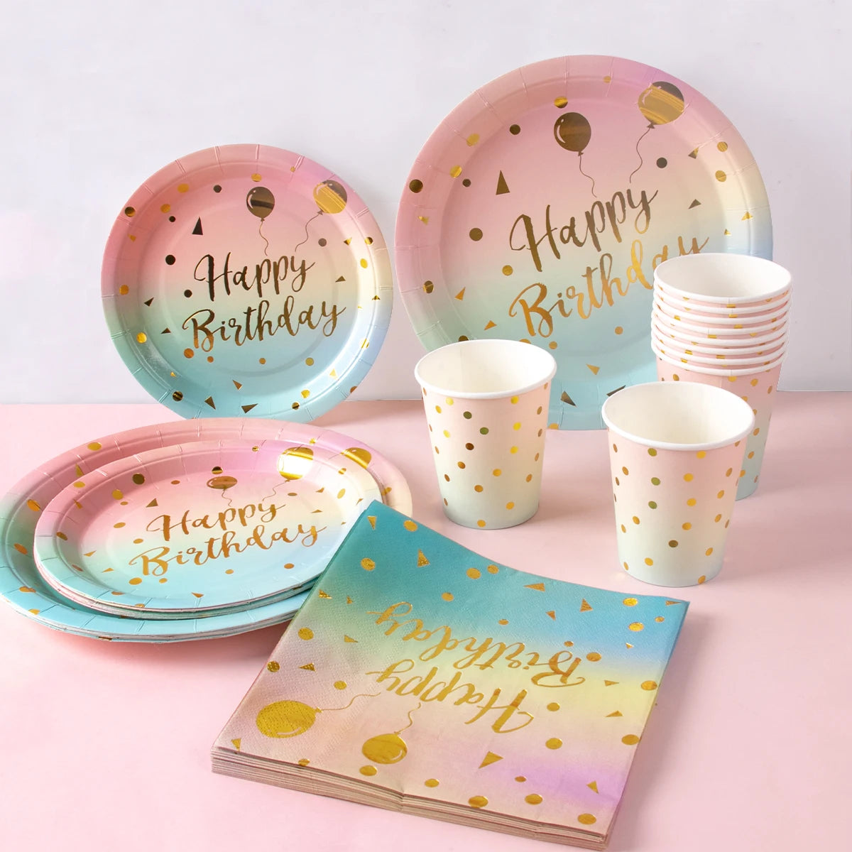 Pastel Rainbow Party Birthday Disposable Tableware Gold Dot Rainbow Gradient Paper Plate Cup Napkin Birthday Wedding Supplies