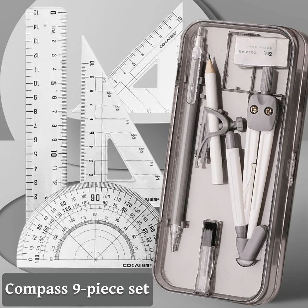 Kawaii 9pcs Ruler Set for Exams Geometry Compass Straight Edge & Protractor Portable Math Drawing Tools Stationery Supplies