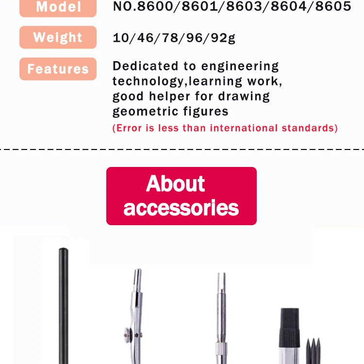 Stainless Steel Multifunctional Drafting Drawing Compass/Lead Core Math Geometry Circles Tool Durable Supplies 8600 / 8601