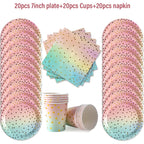 Pastel Rainbow Party Birthday Disposable Tableware Gold Dot Rainbow Gradient Paper Plate Cup Napkin Birthday Wedding Supplies