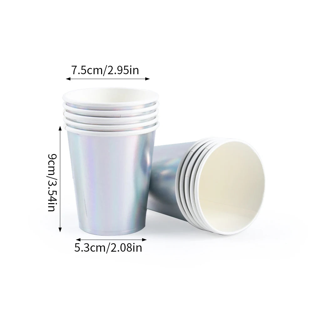 Silver Laser Paper Disposable Tableware Set Dinner Paper Plate Cup Napkin Tablecloth for Birthday Party Retirement Wedding Party