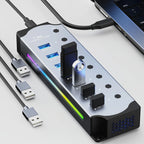 10 in 1 Powered USB HUB USB 3.0 Interface Individual Switch RGB E-Marker Heat Dissipation Design DC 5V Power Supply Adapter