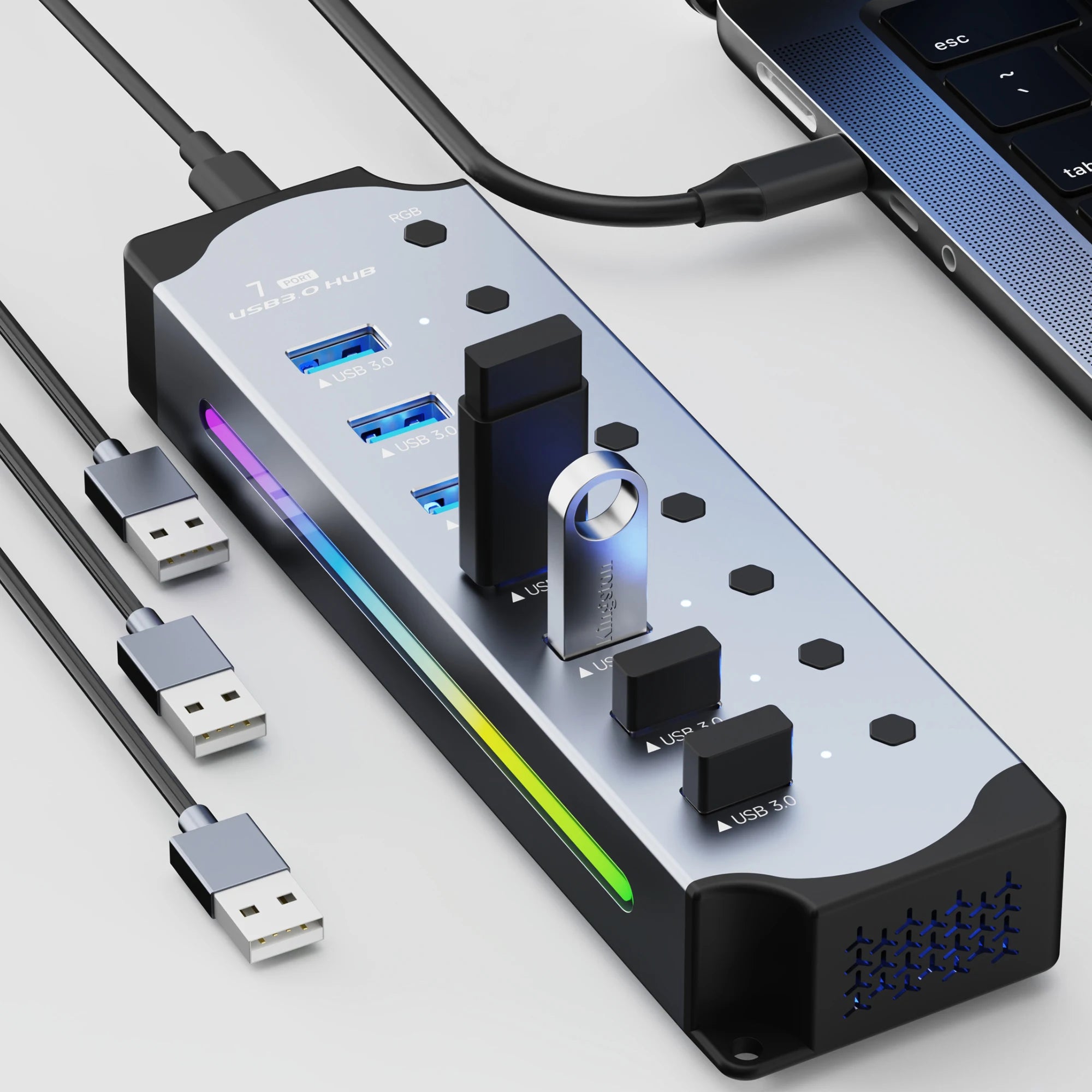 10 in 1 Powered USB HUB USB 3.0 Interface Individual Switch RGB E-Marker Heat Dissipation Design DC 5V Power Supply Adapter