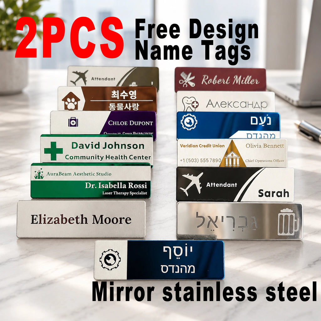 2PCS Mirror Stainless Steel Custom Name Tag Engraved Personalized Work Badge Business Identification Metal ID Name Plate