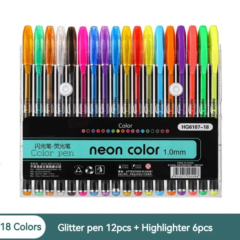 12-60Pcs Metallic Glitter Colors Gel Pens 100 Colored Refills Rod Stationery Highlighter School Coloring Drawing Art Markers