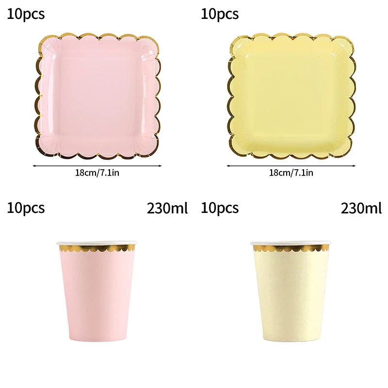 10pcs/set Disposable Birthday Tableware Cup Paper Plate Straws Birthday Party Wedding Decoration Kids Baby Shower Party Supplies