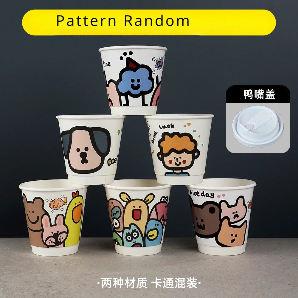 25pcs 90 Caliber Disposable Coffee Cups Fresh Milk Hot Drink Thickened Cartoon Paper Cup Milk Tea Takeaway Packag Cup with Lid