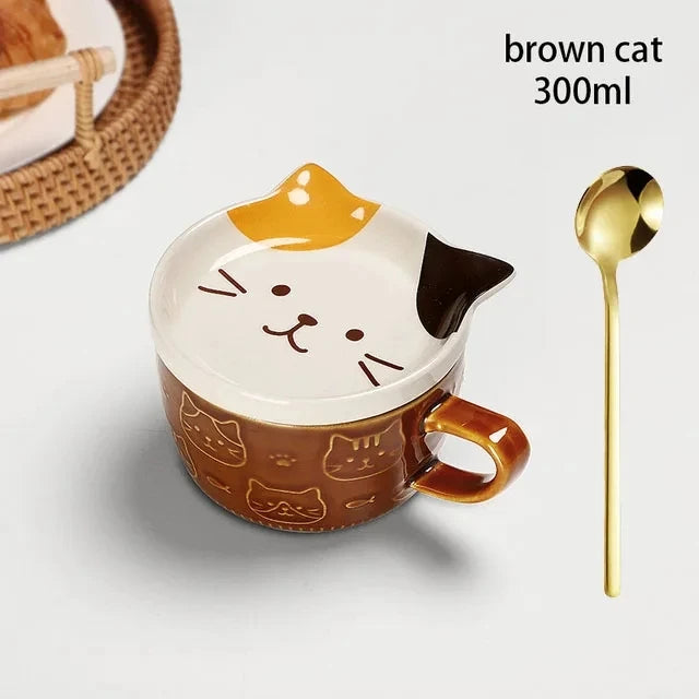 YWDL Japanese Cartoon Cat Coffee Mug With Animal Cat Pattern Lid Small Dish Cute Breakfast Cup Creative Coffee Cup Milk Cup Gift