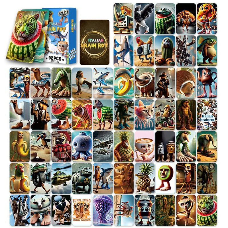 92pcs/set of brain rot card cardboard, 60 cards and 32 stickers, tung tung sahur card collection set, wooden stick sh