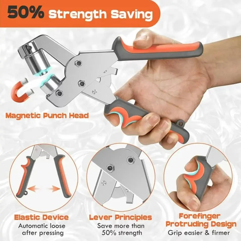Handheld Grommet Punch Pliers Kit 3/8 Inch Eyelet Setting Tool with 500PCS Metal Grommets for Leather Craft Fabric Clothing Shoes Bags Tarpaulins Belts Curtains DIY Sewing Repair Installation Hand Tool Accessories Set