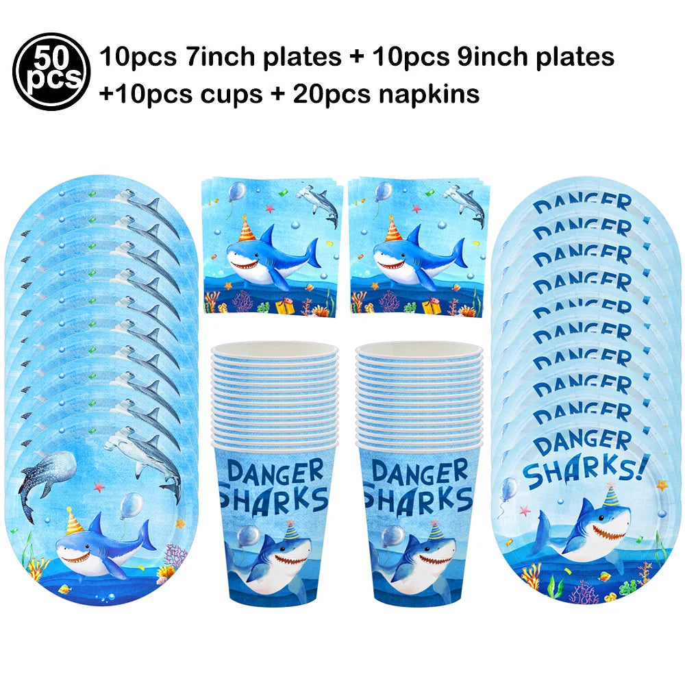 Ocean Shark Theme Disposable Tableware Cute Cartoon Marine Animal Plastic Tablecloth Kids Birthday Party Baby Shower Decor