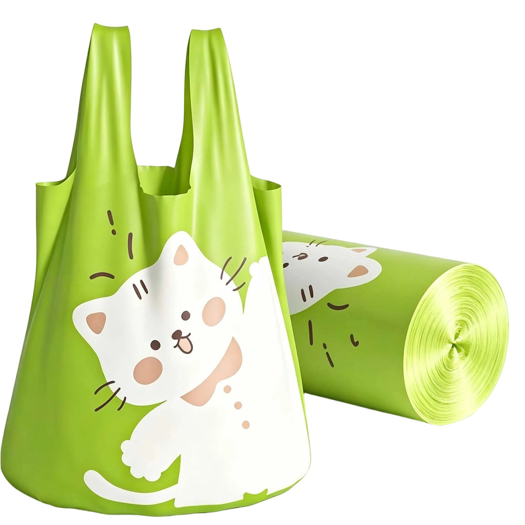 10/60pcs Cute Cat-printed Green Portable Thickened Garbage Bags Household Disposable Trash Bags Bathroom Kitchen Accessories