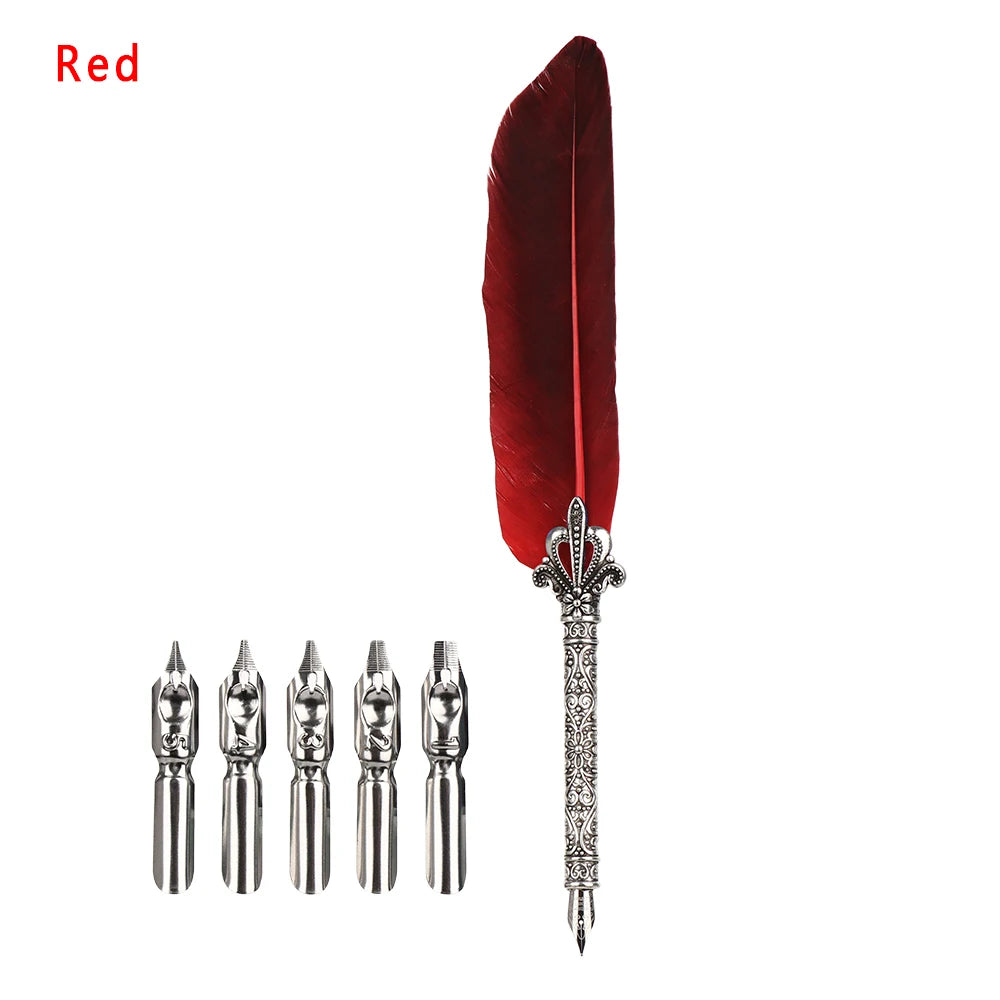 1 Set New Luxury Feather Pen 5 Nib Vintage Quill English Calligraphy Signature Pen European Gift Box Scuba Dive Writing Tools