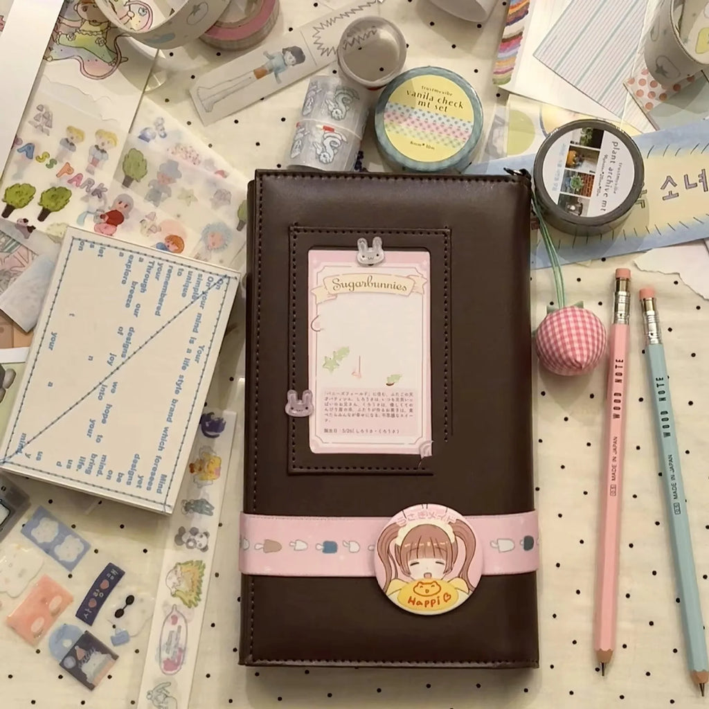 A6 Blue Three-Fold Loose-leaf Notebook PU Binder Photocards Collect Book Diary Agenda Planner Cover Stationery