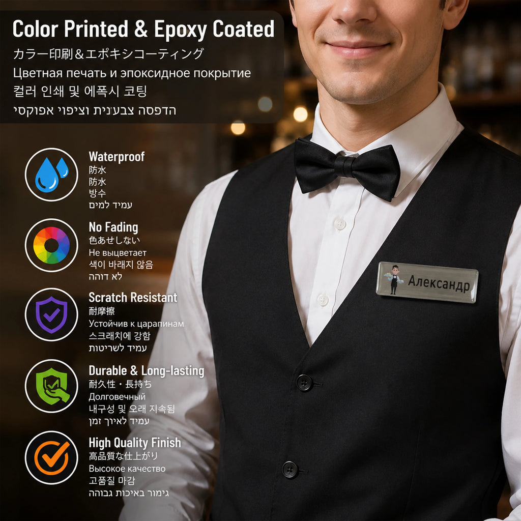 Personalized Name Tag Badges Identification Customized with Text&Logos, Stainless Steel Name for Clothing with Pin or Magnetic