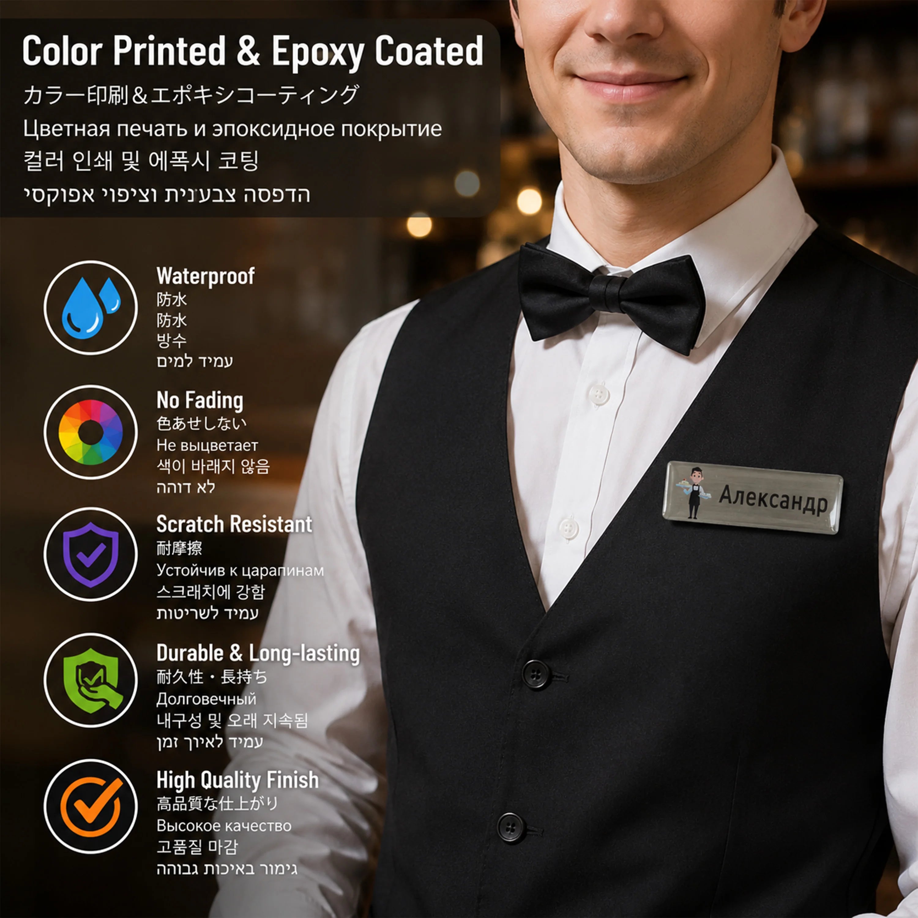 Personalized Name Tag Badges Identification Customized with Text&Logos, Stainless Steel Name for Clothing with Pin or Magnetic