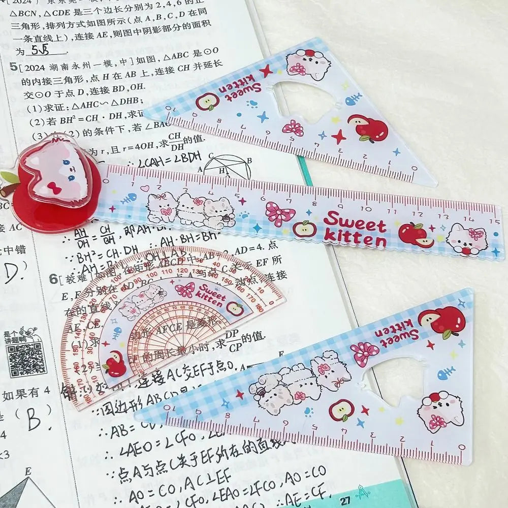 4pcs New Acrylic Ruler Set Red Kitten/Green Puppy Measurement Drawing Stationery Straight Ruler Set Square School Office
