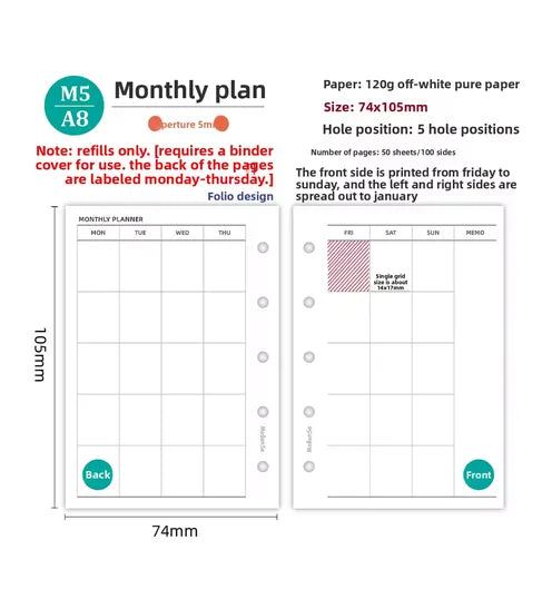 M5 20 Sheet Triple Fold Colorful Loose Leaf Notebook Refill Spiral Binder Inner Page Weekly Monthly To Do Line Grid Inside Paper