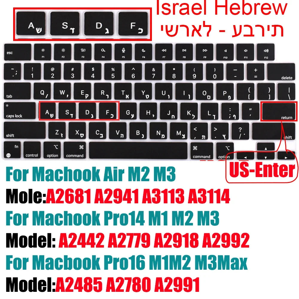 Keyboard Cover for 2022-2024 M4 M3/M2/M1Chip Pro 14"/16" A3401/A2992/A2779/A2991/A3403 MacBook Air 15.3"/13.6" A3113/A3114/A2941