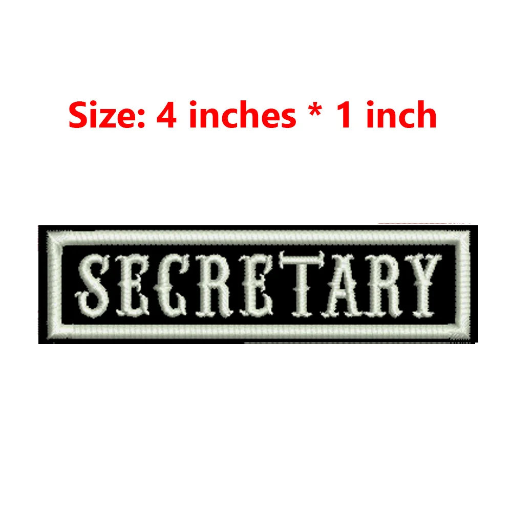 4 Inches Wide Iron On Embroidery White Texts And Border Name Tag PRESIDENT,ORIGINAL,SECRETARY,ROAD CAPTAIN,MEMBER,V. PRESIDENT