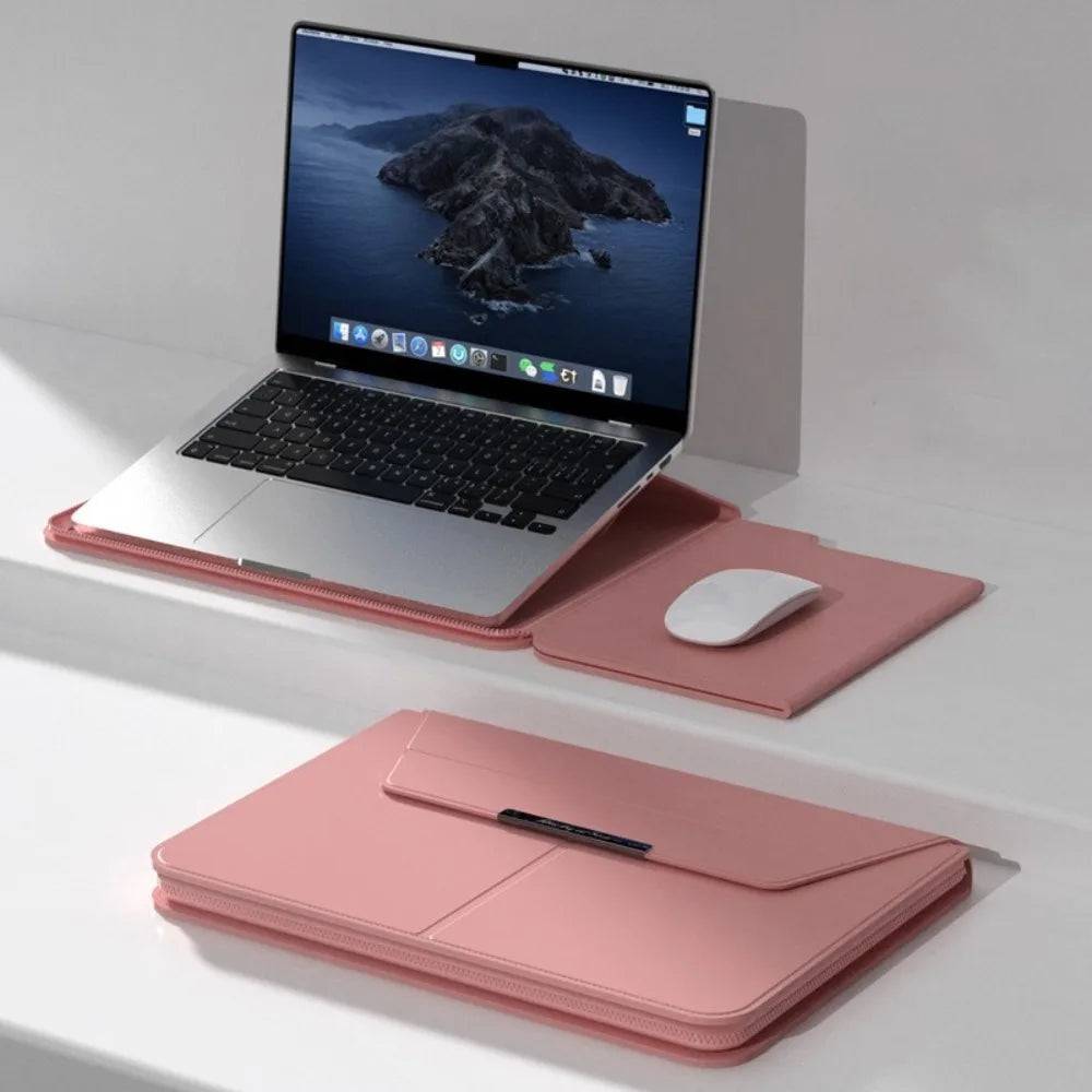 13-14/15-16 Inch Laptop Sleeve Holder Automatic Closing Multifunction Carrying Pouch with Stand Leather for Macbook Air